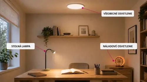 Rôzne svetelné zdroje v jednom priestore Vo väčšine pracovní alebo študijných kútov sa oplatí kombinovať viacero svetelných zdrojov.